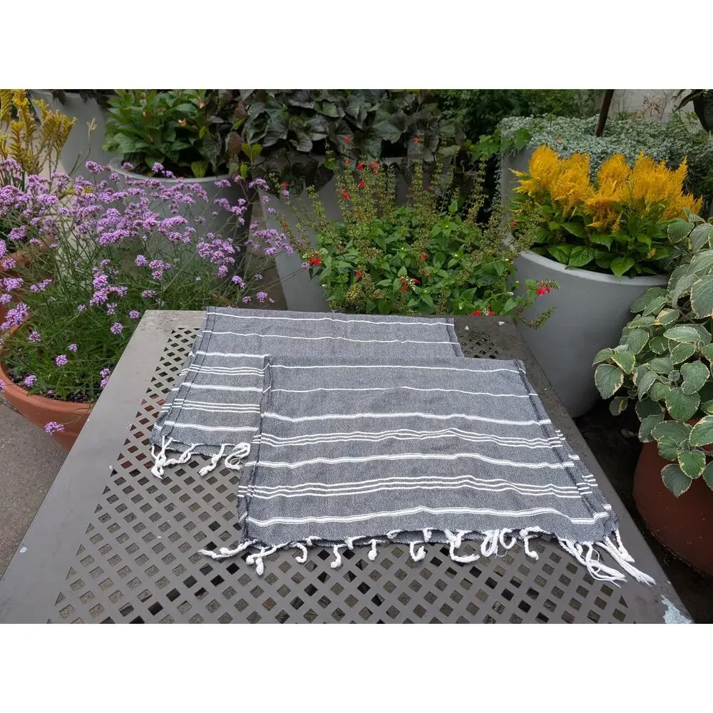 Set of 2 Gray White Striped Tassel Hand Towels
